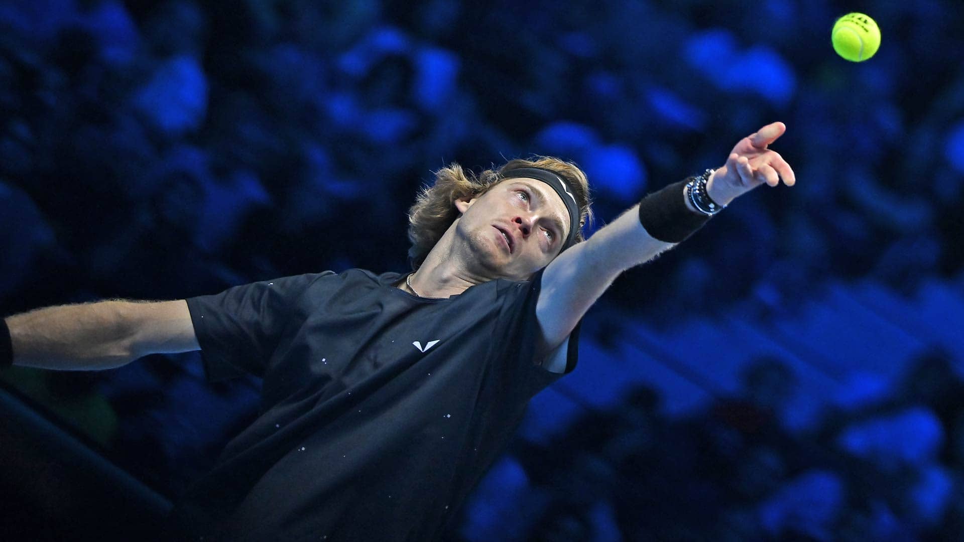 Andrey Rublev in action at the 2023 Nitto ATP Finals.