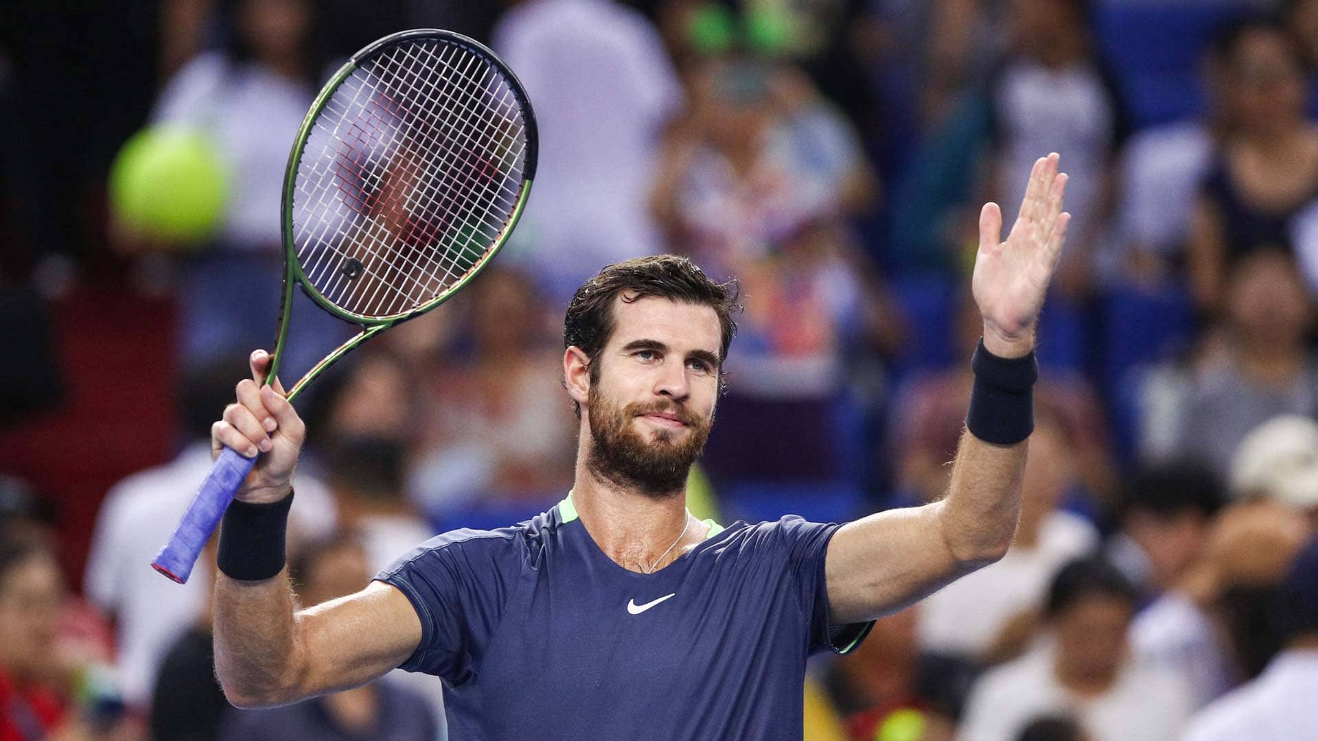 Karen Khachanov celebrates winning the Zhuhai title in September 2023.