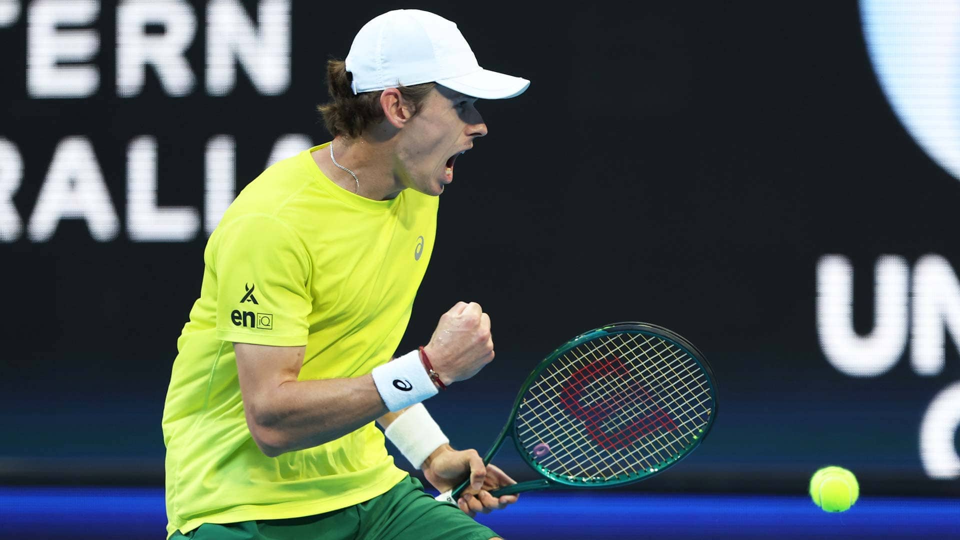 Alex de Minaur celebrates his victory against Novak Djokovic on Wednesday in Perth.