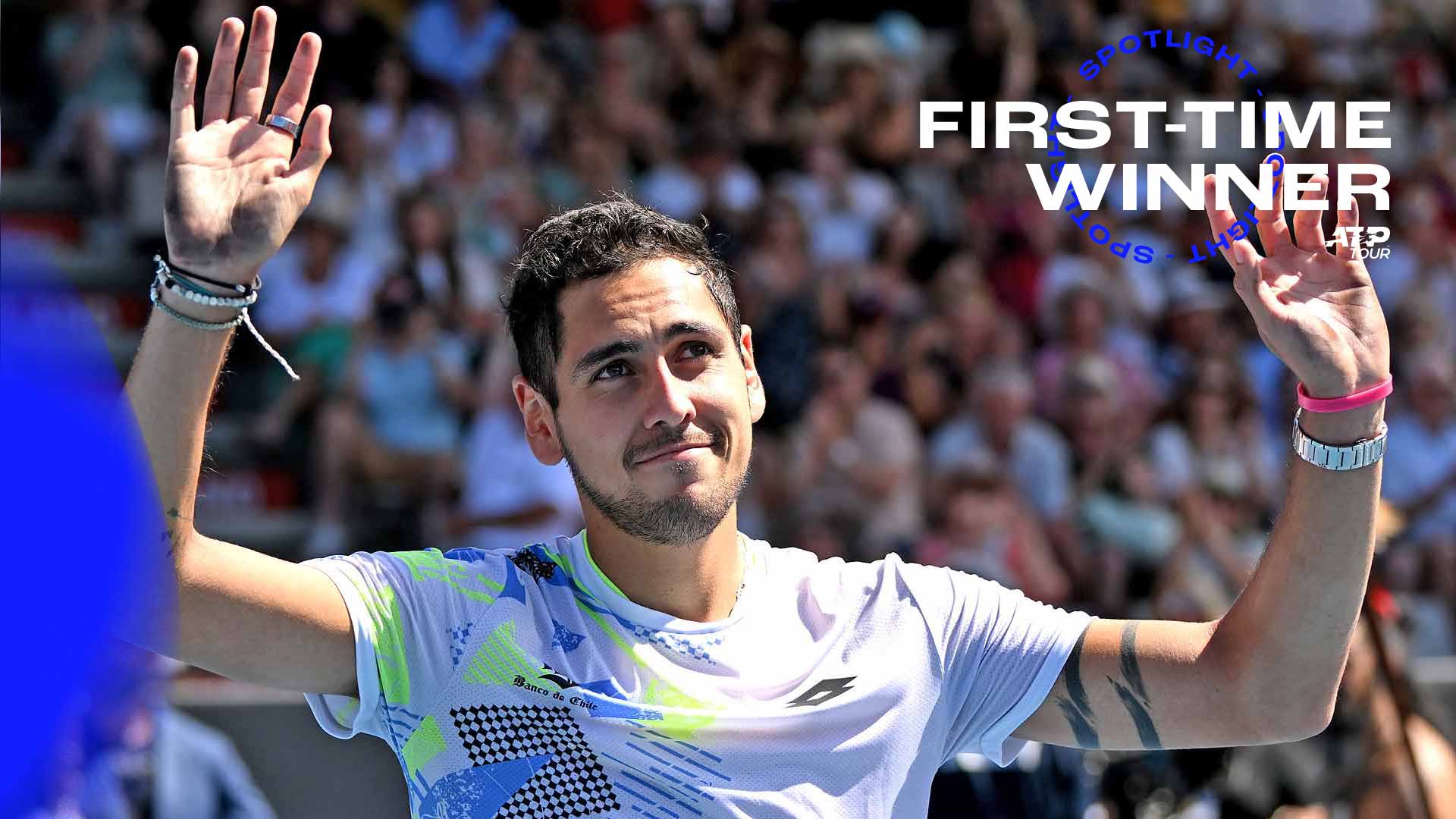 Alejandro Tabilo celebrates after winning his maiden ATP Tour title in Auckland.