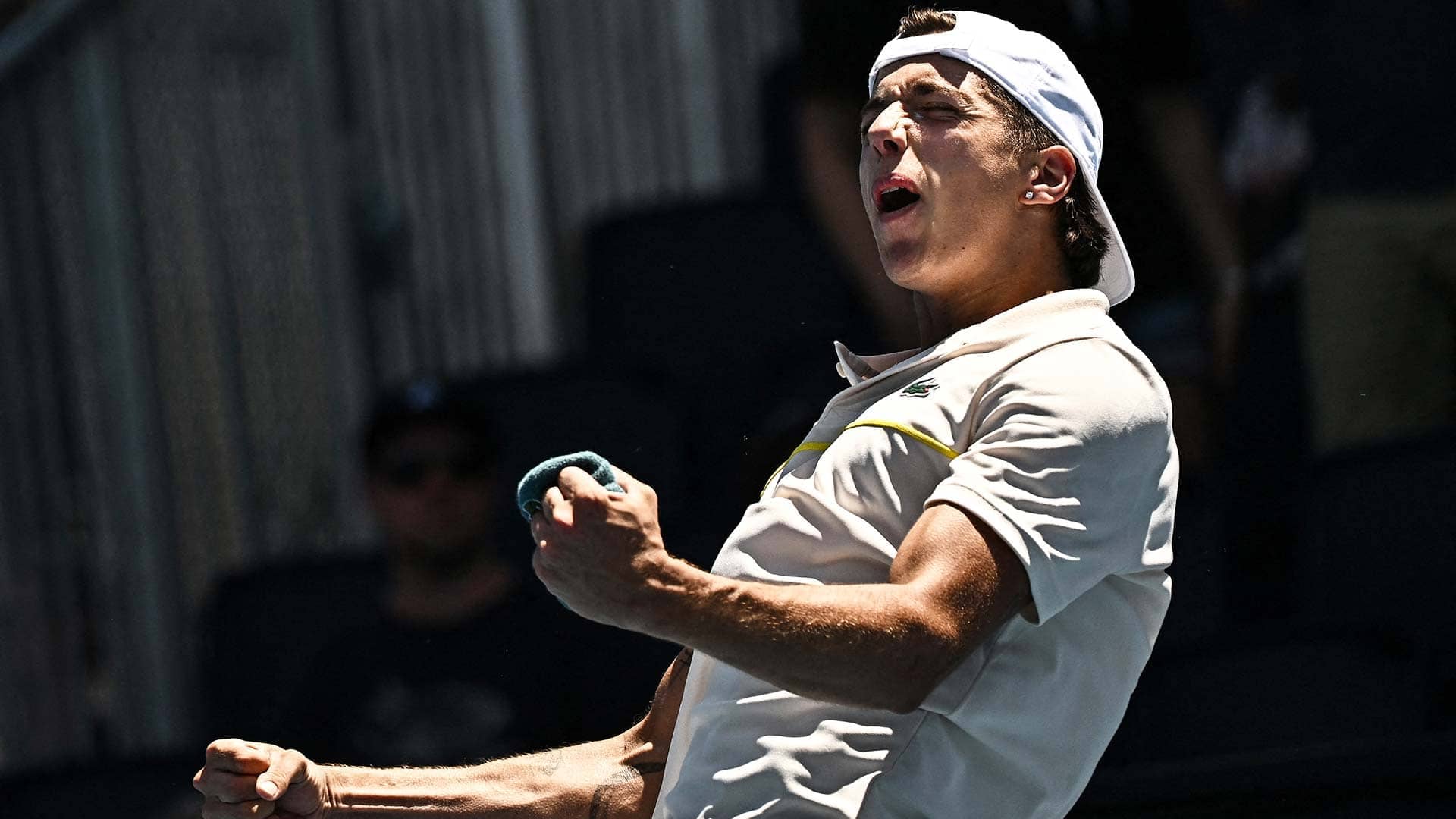 Arthur Cazaux celebrates his first-round win against Laslo Djere at the Australian Open.