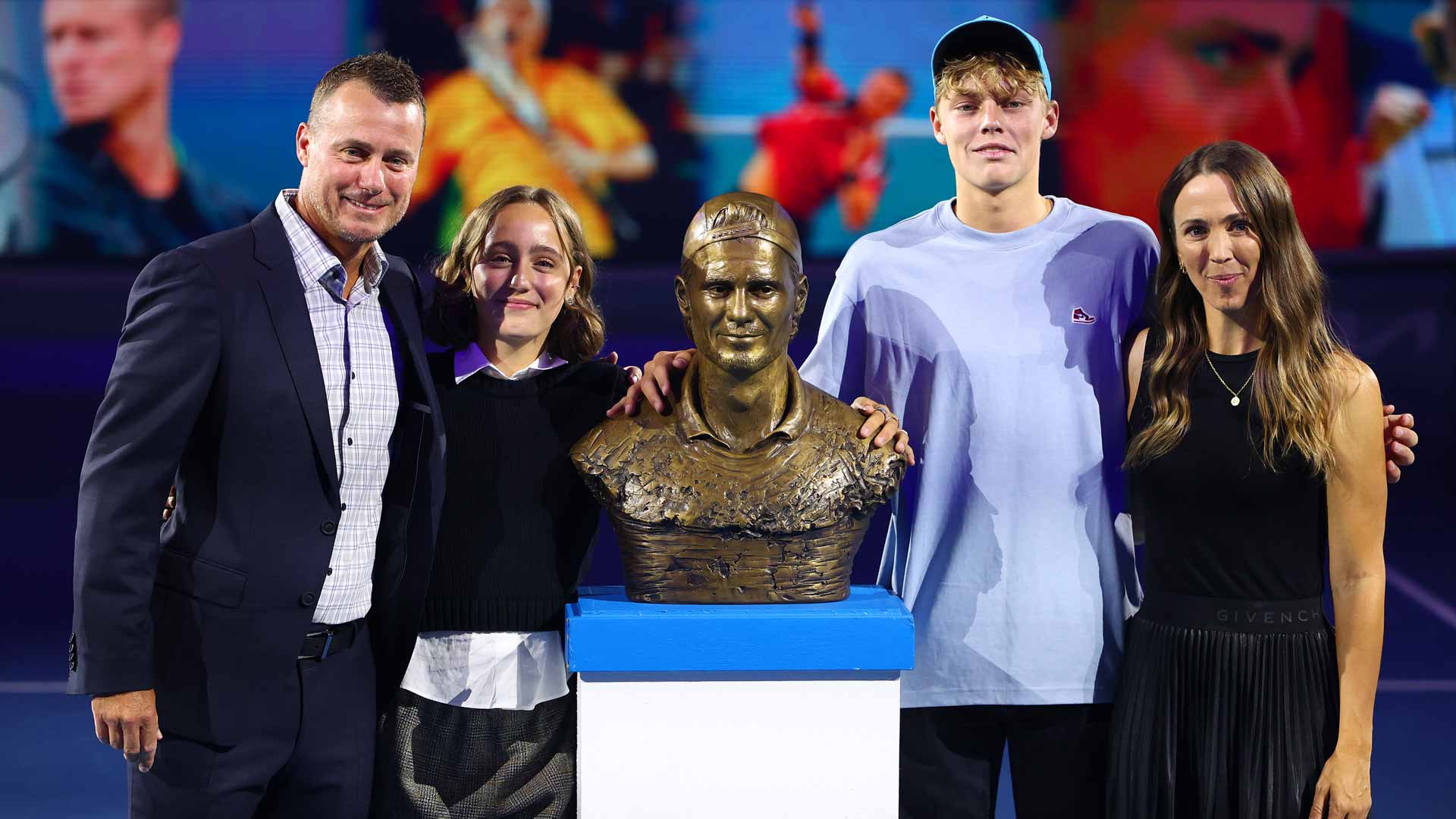 Lleyton, Ava, Cruz and Bec Hewitt pose as the former World No. 1 is inducted into the Australian Tennis Hall of Fame.