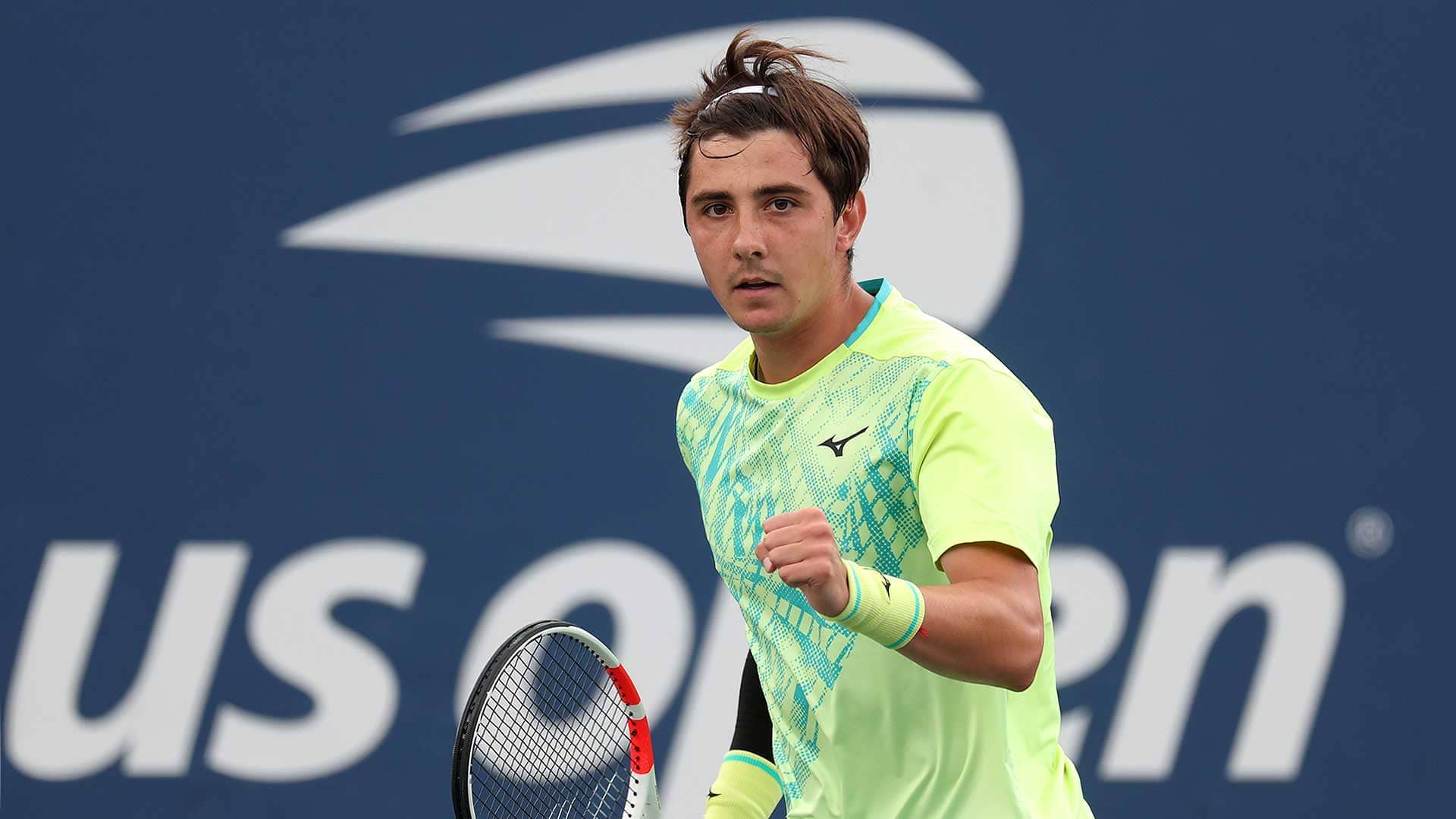 Alexander Shevchenko in action against Dominik Koepfer on Monday at the US Open.