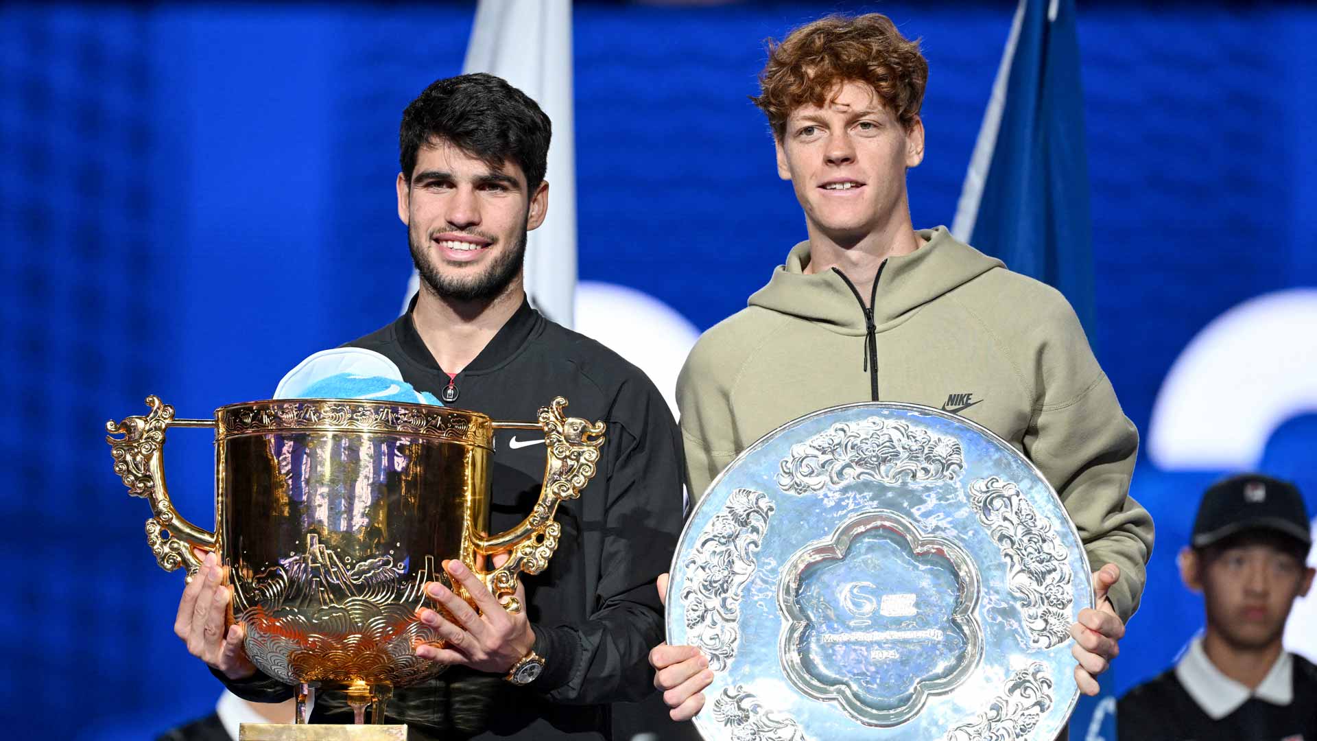 Carlos Alcaraz and Jannik Sinner at the China Open trophy ceremony.