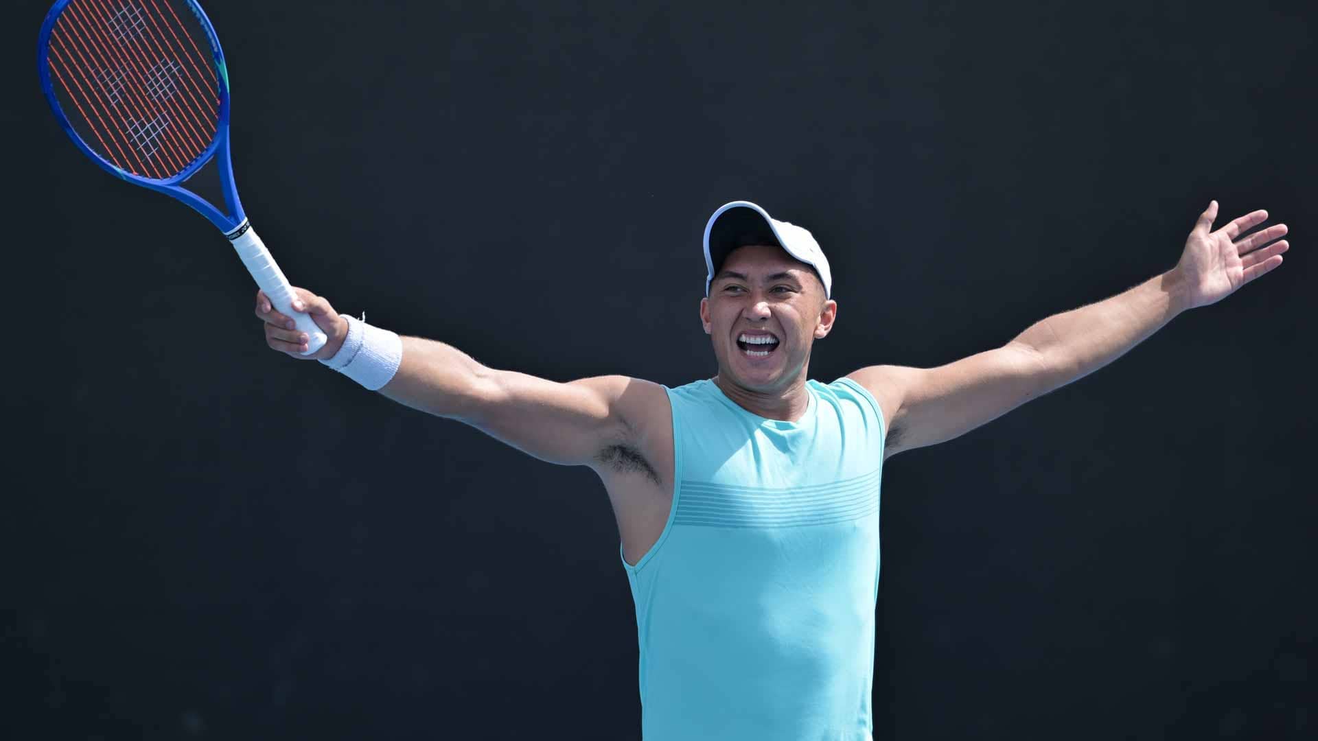 <a href='https://edx.atptour.com/en/players/james-mccabe/m0oq/overview'>James McCabe</a> celebrates after his first-round win at the <a href='https://edx.atptour.com/en/tournaments/australian-open/580/overview'>Australian Open</a> on Monday.